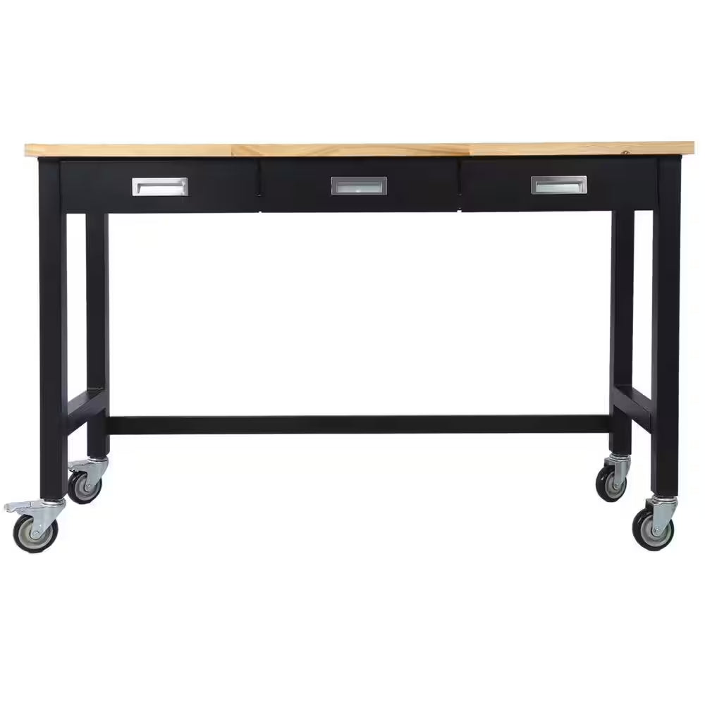60 In. W X 20 In. D Black Workbench Table with Drawers, Solid Wood Top and Wheels for Garage Home Office