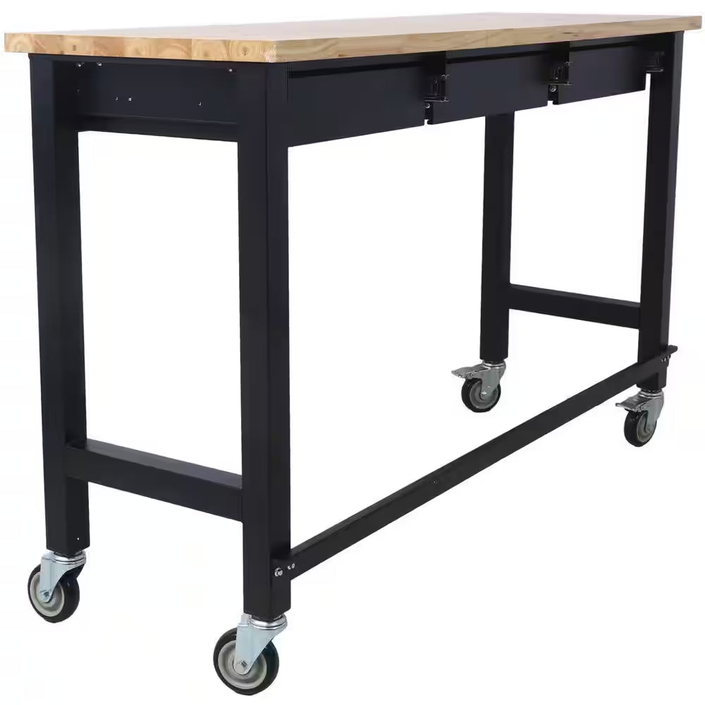 60 In. W X 20 In. D Black Workbench Table with Drawers, Solid Wood Top and Wheels for Garage Home Office