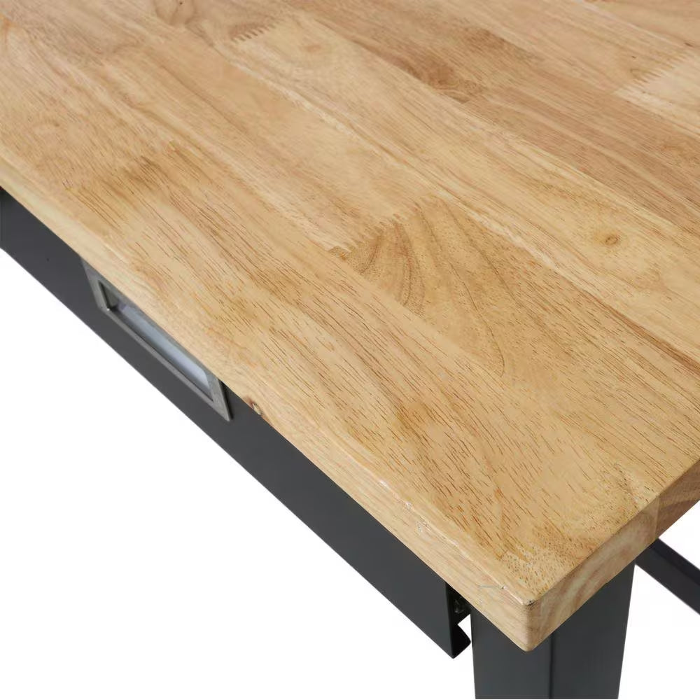 60 In. W X 20 In. D Black Workbench Table with Drawers, Solid Wood Top and Wheels for Garage Home Office