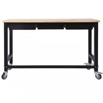 60 In. W X 20 In. D Black Workbench Table with Drawers, Solid Wood Top and Wheels for Garage Home Office
