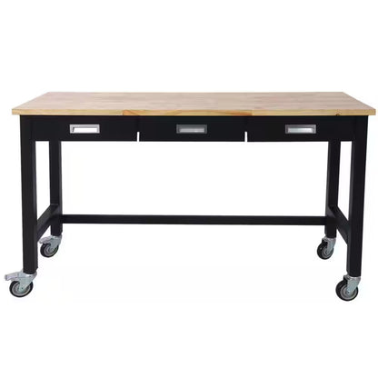 60 In. W X 20 In. D Black Workbench Table with Drawers, Solid Wood Top and Wheels for Garage Home Office