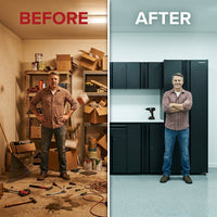 7-Piece Regular Duty Welded Steel Garage Storage System in Black (109 In. W X 75 In. H X 19.6 In. D) — Before & After