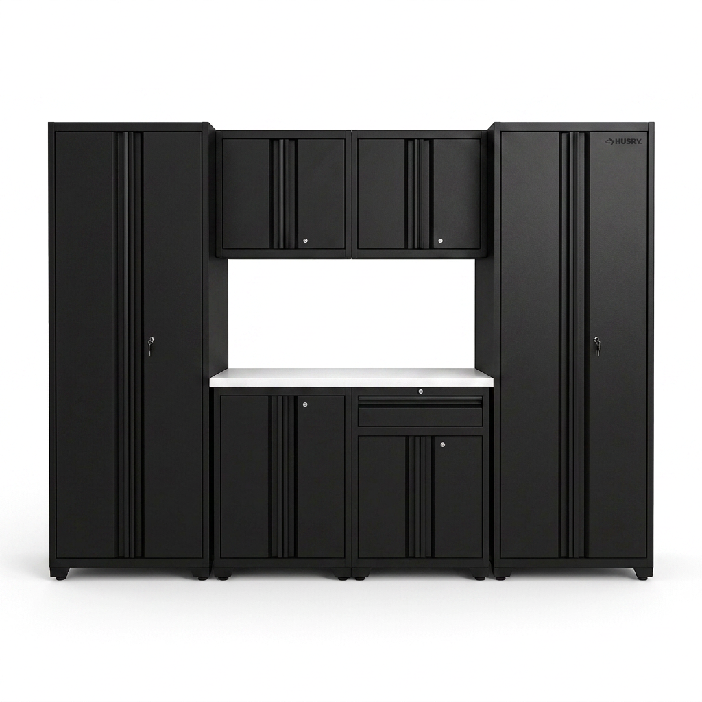 7-Piece Regular Duty Welded Steel Garage Storage System in Black (109 In. W X 75 In. H X 19.6 In. D) — Studio Shot